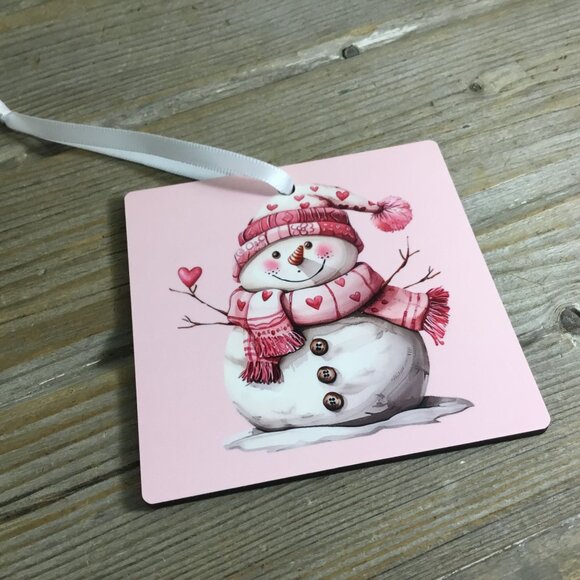 Snowman with Pink Hat & Heart Scarf 3.5" Square Wooden Ornament - Picture 5 of 5